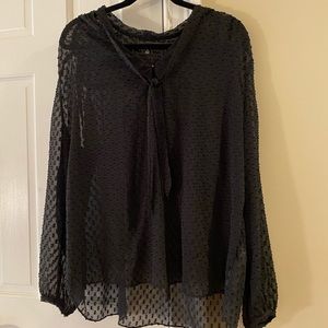 NYDJ black on black sheer polka dot peasant blouse